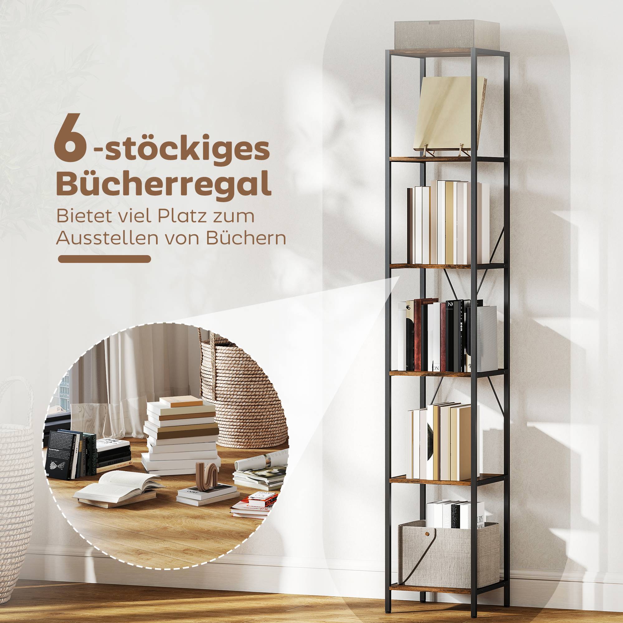 Ensemble de 2 étagères à 6 niveaux, structure en acier, pour salon, bureau, chambre, marron rustique - Image 6