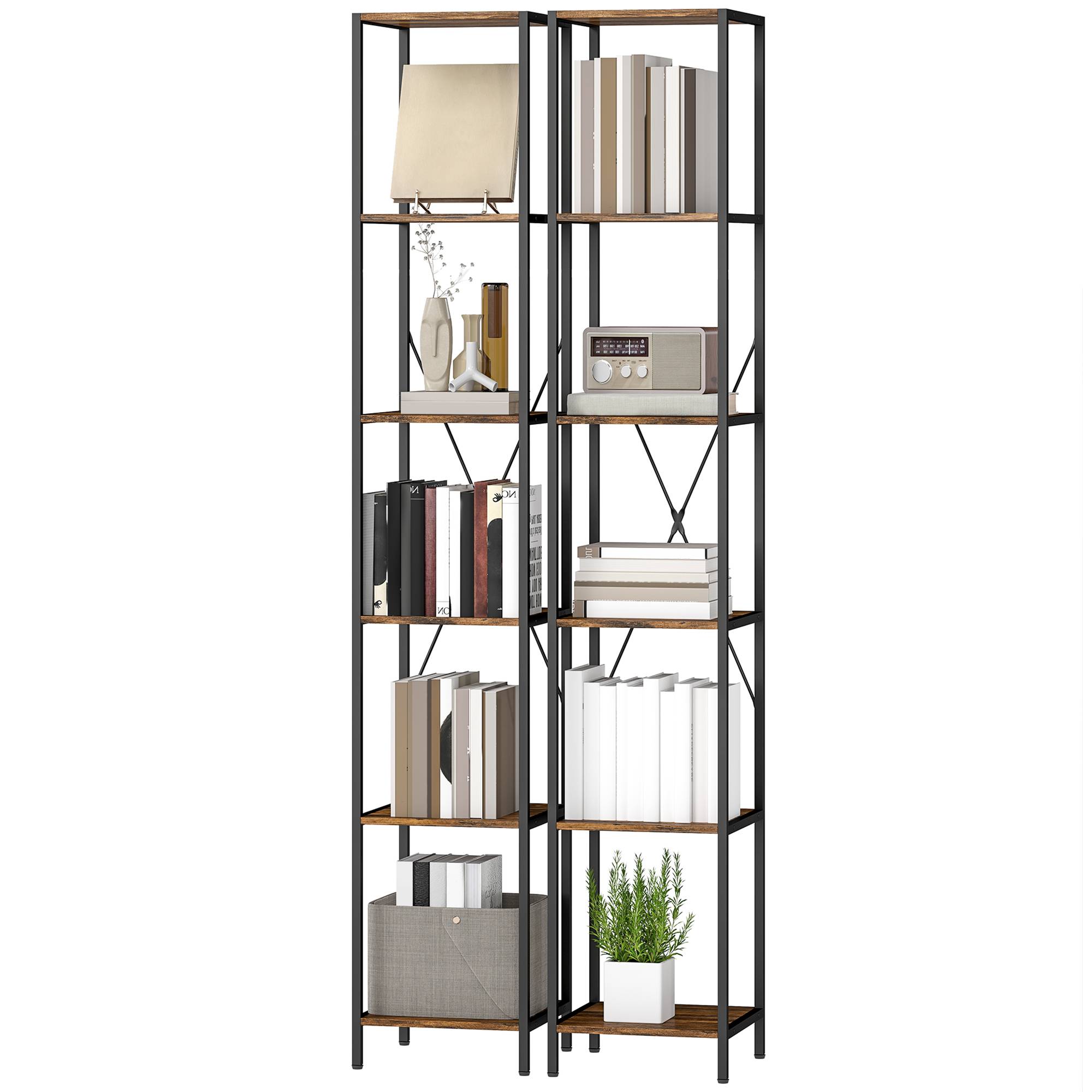 Ensemble de 2 étagères à 6 niveaux, structure en acier, pour salon, bureau, chambre, marron rustique - Image 2