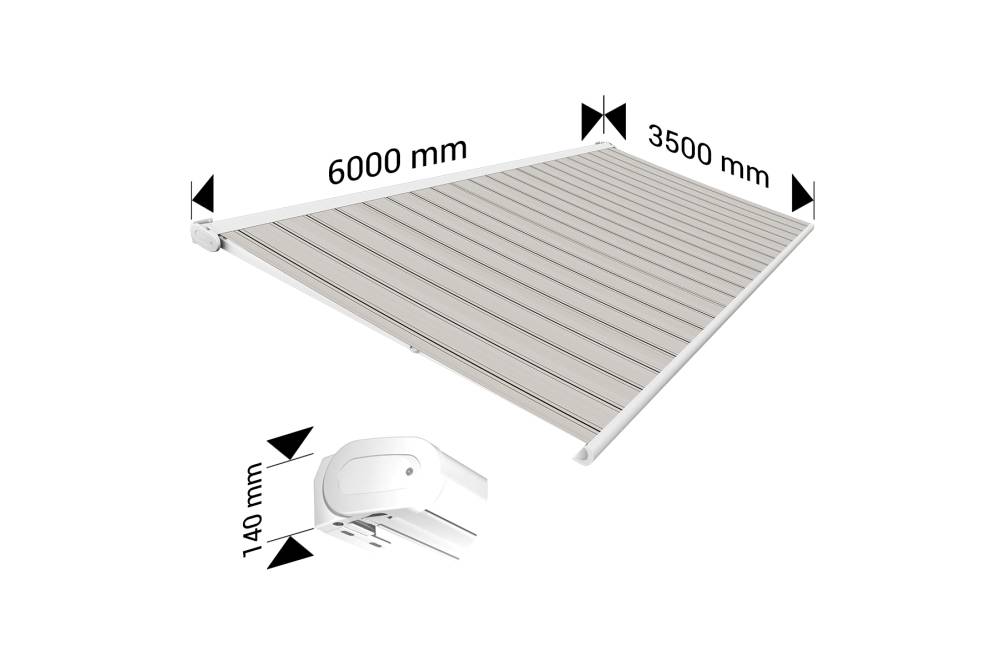 Ombrazur - Store banne Coffre intégral PROTECT2 LED SMART Blanc 6x3,5m Motorisé à télécommande+ Capteur Vent+ Eclairage LED -Toile Grise Rayée - Image 4
