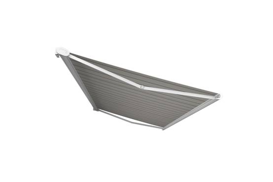 Ombrazur - Store banne Coffre intégral PROTECT2 LED SMART Blanc 6x3,5m Motorisé à télécommande+ Capteur Vent+ Eclairage LED -Toile Grise Rayée - Image 1