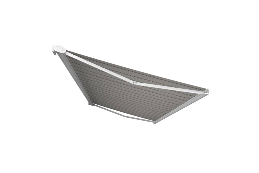 Ombrazur - Store banne Coffre intégral PROTECT2 LED SMART Blanc 6x3,5m Motorisé à télécommande+ Capteur Vent+ Eclairage LED -Toile Grise Rayée - Image 1