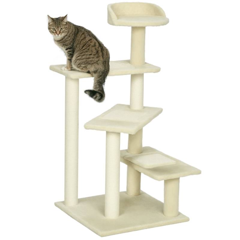 Arbre à chat tour 100 cm avec poteaux sisal, grande plateforme multi-niveaux pour petits et moyens chats beige - Image 1