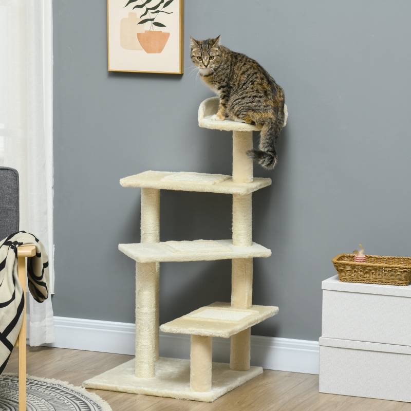 Arbre à chat tour 100 cm avec poteaux sisal, grande plateforme multi-niveaux pour petits et moyens chats beige - Image 2