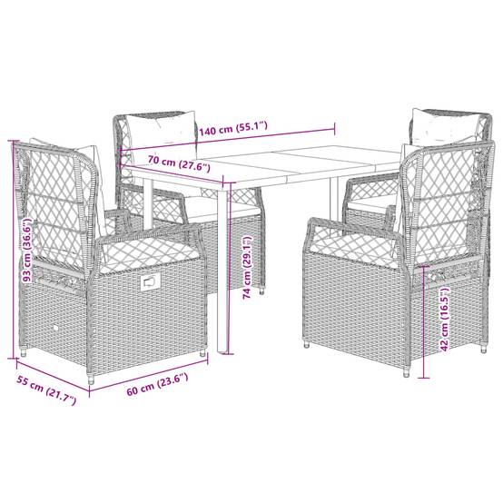 Salon de jardin 4 personnes résine tressée chaises inclinables 140cm Gris – ComfortXL Outdoor Living - Image 8