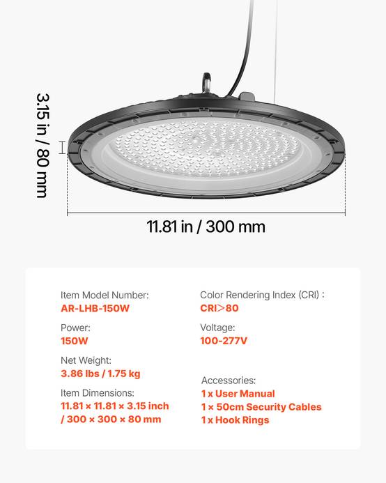 VEVOR Luminaire Haute Baie Éclairage Industriel LED 20 PCS 5000 K 150 W 21000 lm - Image 7