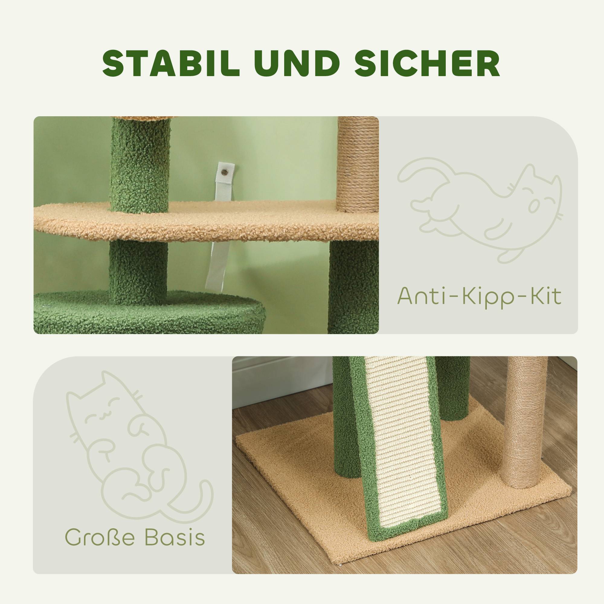Arbre à chat 139cm avec grotte et balle, poteaux sisal pour chats jusqu'à 5kg vert - Image 6