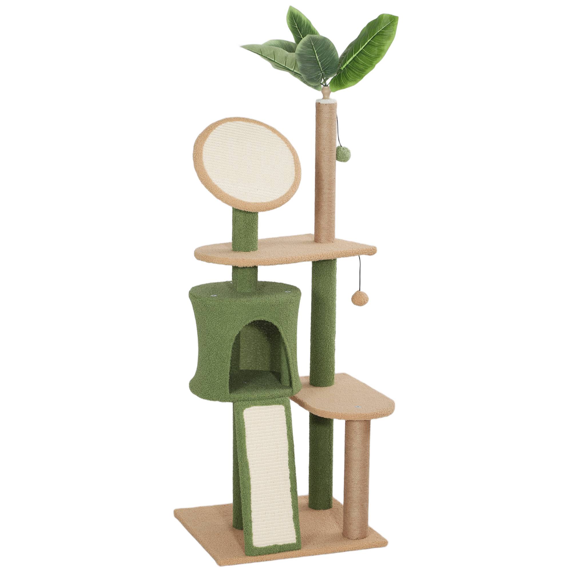 Arbre à chat 139cm avec grotte et balle, poteaux sisal pour chats jusqu'à 5kg vert - Image 1