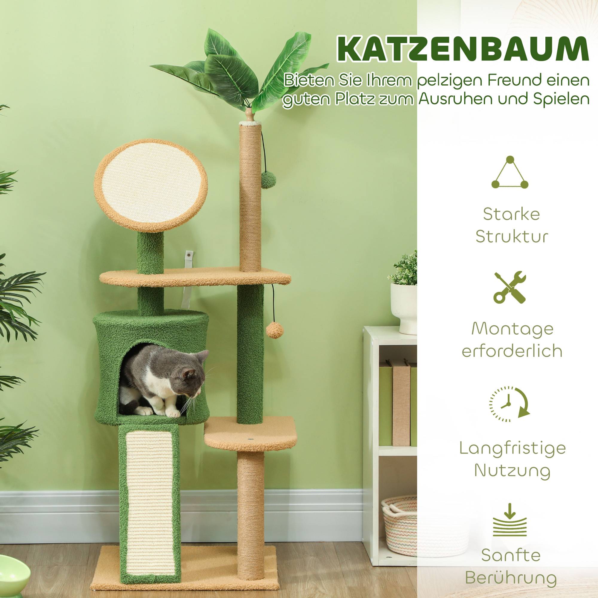 Arbre à chat 139cm avec grotte et balle, poteaux sisal pour chats jusqu'à 5kg vert - Image 4