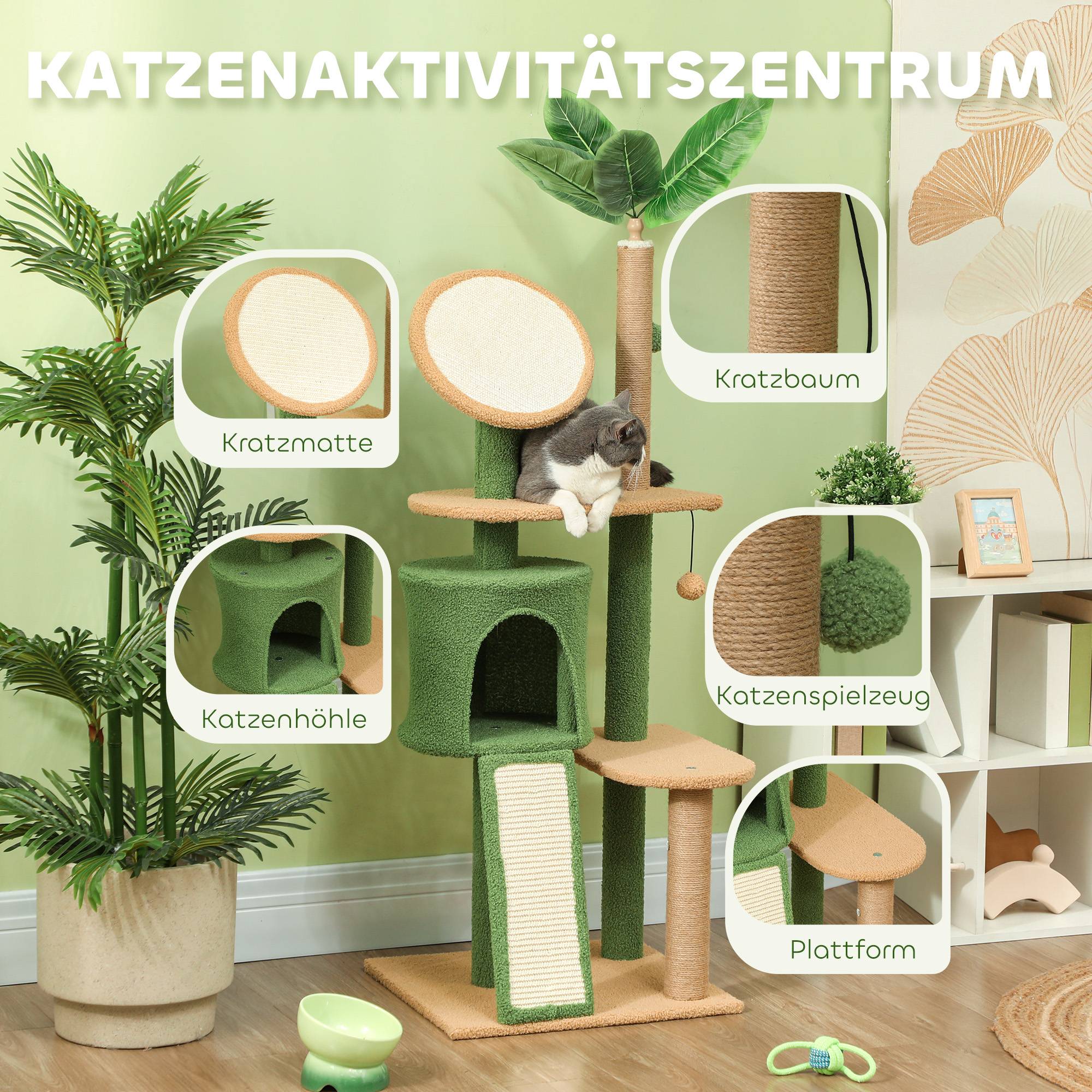 Arbre à chat 139cm avec grotte et balle, poteaux sisal pour chats jusqu'à 5kg vert - Image 5
