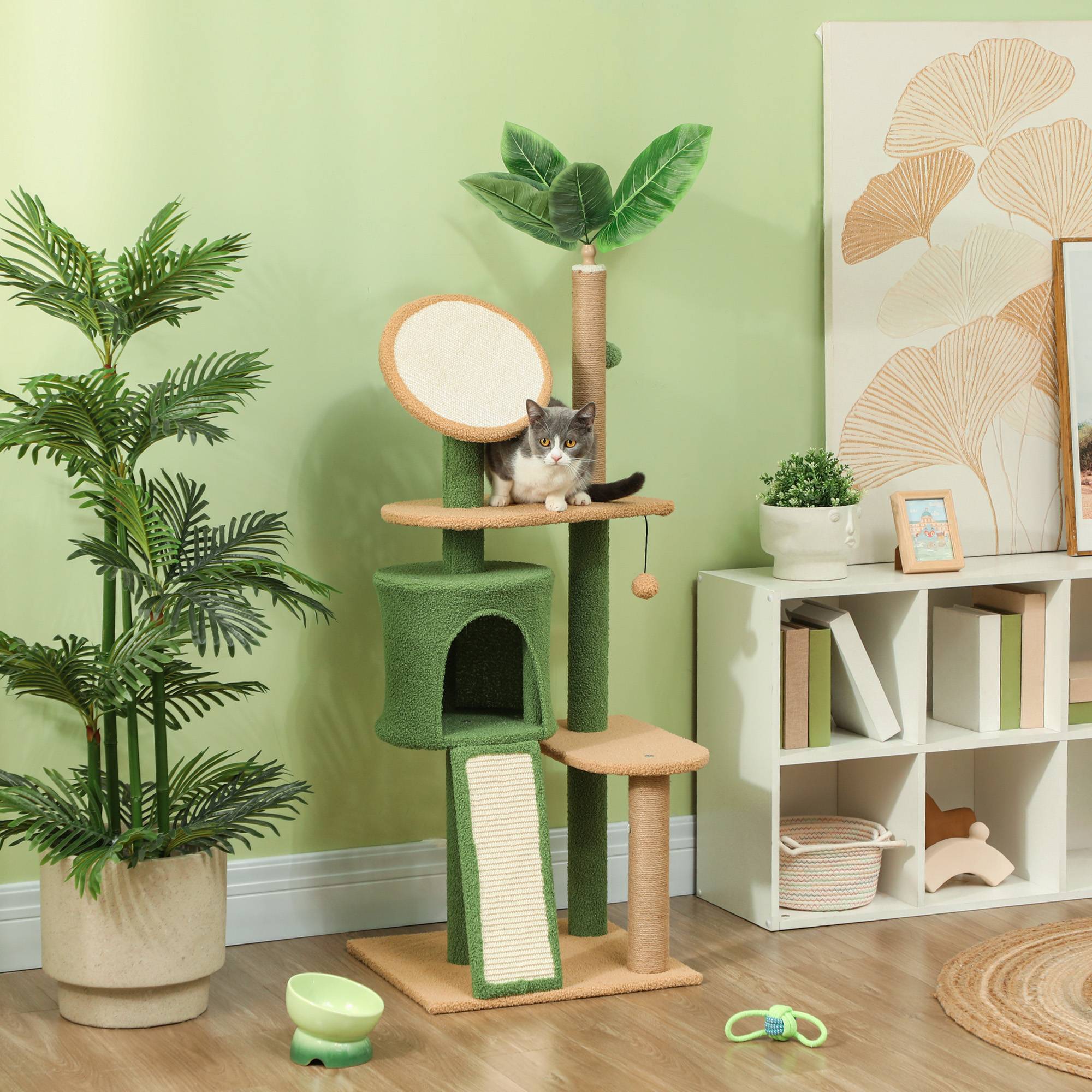 Arbre à chat 139cm avec grotte et balle, poteaux sisal pour chats jusqu'à 5kg vert - Image 2