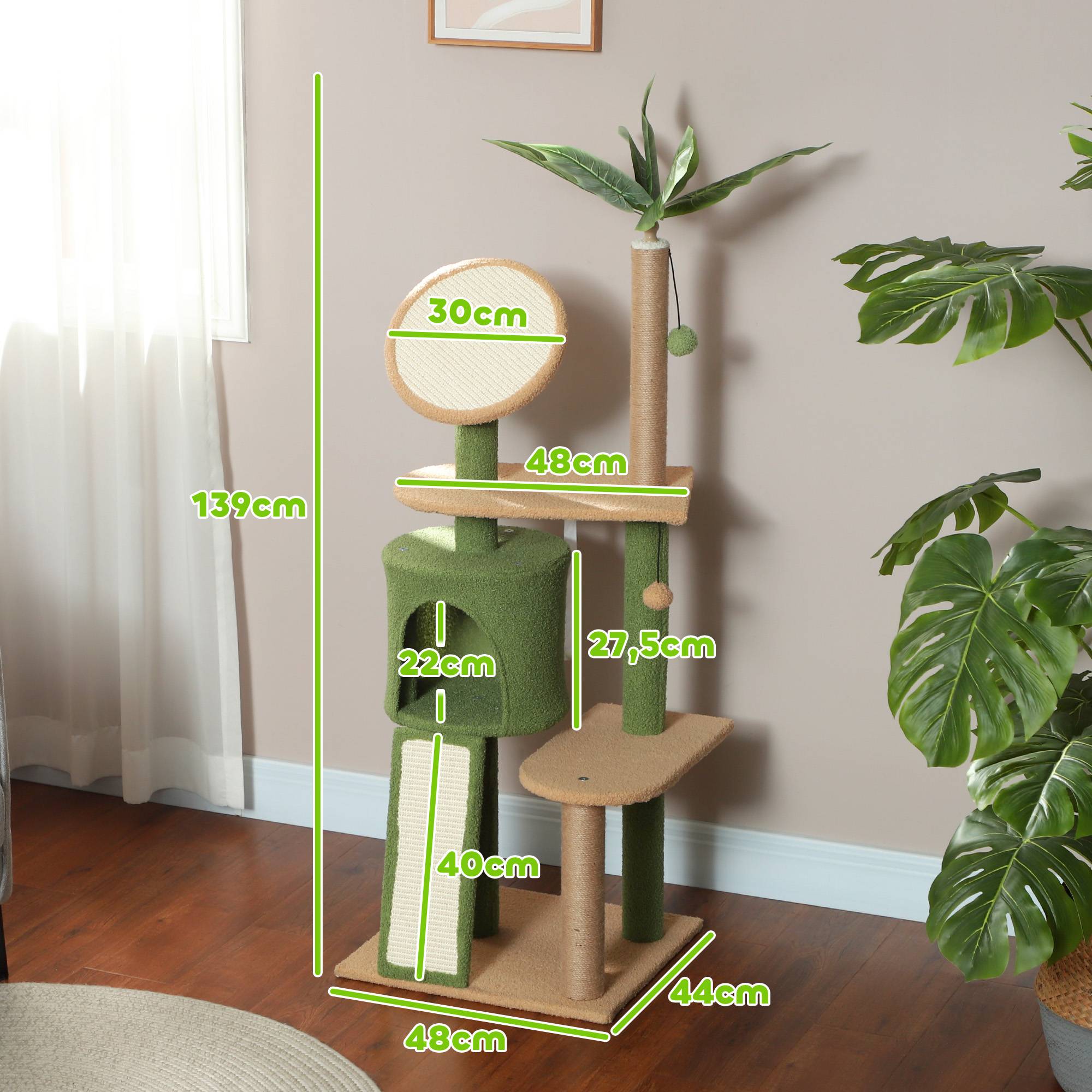 Arbre à chat 139cm avec grotte et balle, poteaux sisal pour chats jusqu'à 5kg vert - Image 3