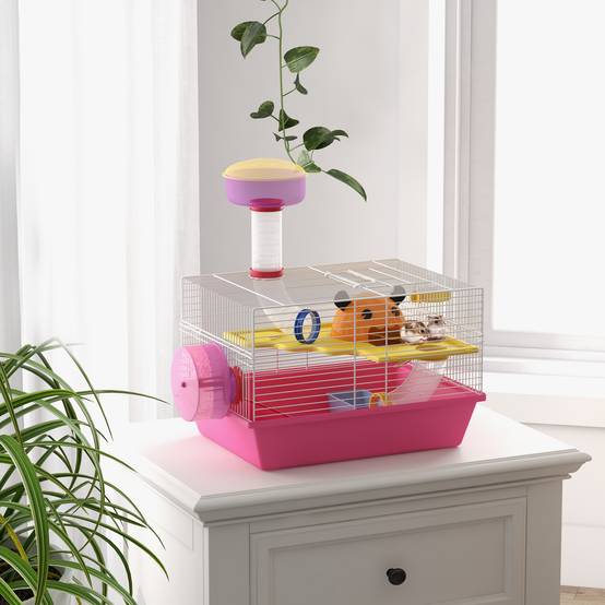 Cage hamster naine Acier et PP avec tour d'observation et roue 34x27x25cm Rose - ComfortXL Outdoor Living - Image 3
