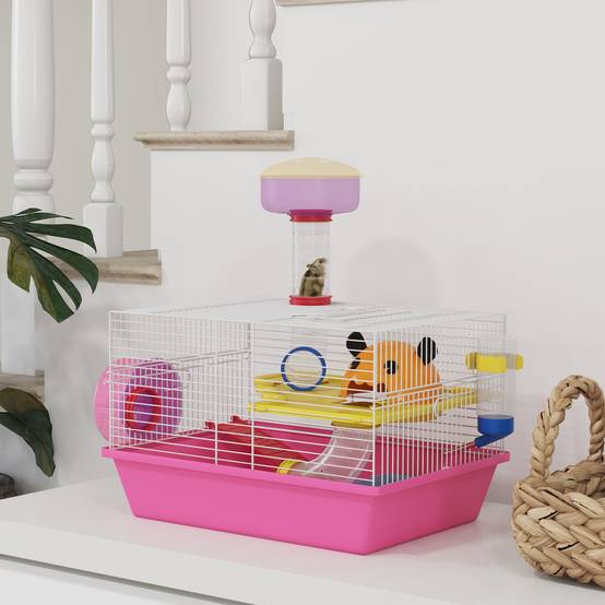 Cage hamster naine Acier et PP avec tour d'observation et roue 34x27x25cm Rose - ComfortXL Outdoor Living - Image 4
