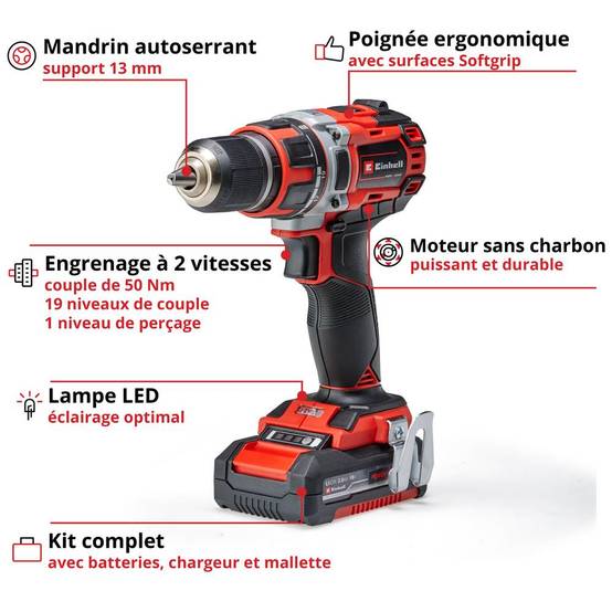 Einhell - Perceuse Visseuse sans fil TE-CD 18/50 Li BL - 2 vitesses - 20 positions - 2 batteries Power X-Change 2,0Ah Einhell - Image 1