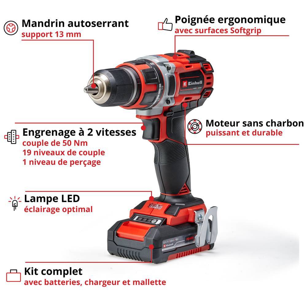 Einhell - Perceuse Visseuse sans fil TE-CD 18/50 Li BL - 2 vitesses - 20 positions - 2 batteries Power X-Change 2,0Ah Einhell - Image 1