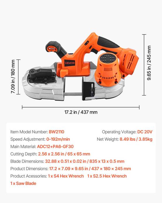 VEVOR Scie ruban portative 20V, sans fil. Moteur sans balais, coupe 6.5cm. Vitesse variable 0-192 m/min. Pour métal/bois. - Image 7