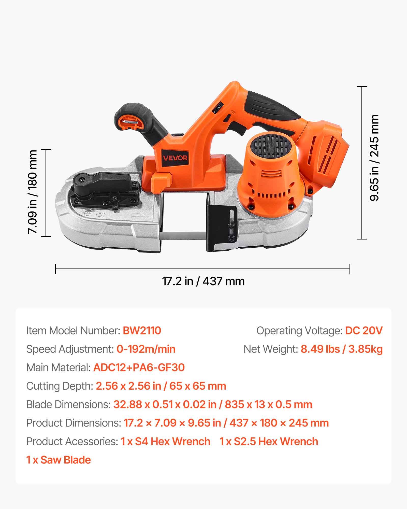VEVOR Scie ruban portative 20V, sans fil. Moteur sans balais, coupe 6.5cm. Vitesse variable 0-192 m/min. Pour métal/bois. - Image 7