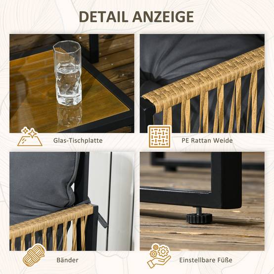 ComfortXL - Salon de jardin 4 pièces résine tressée anthracite canapé fauteuils table verre pour terrasse extérieur - Image 6