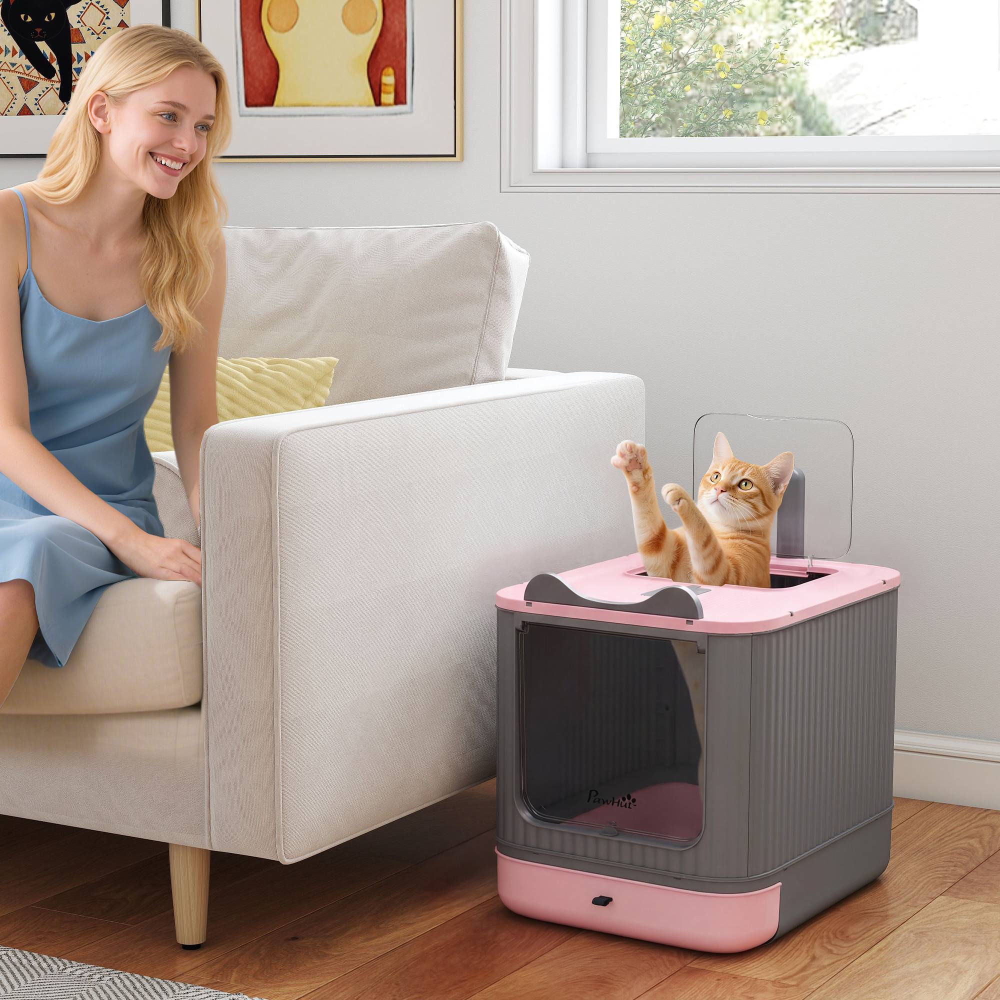 Litière chat couverte M couvercle rabattable sortie haute pelle sacs désodorisants rose - Image 3