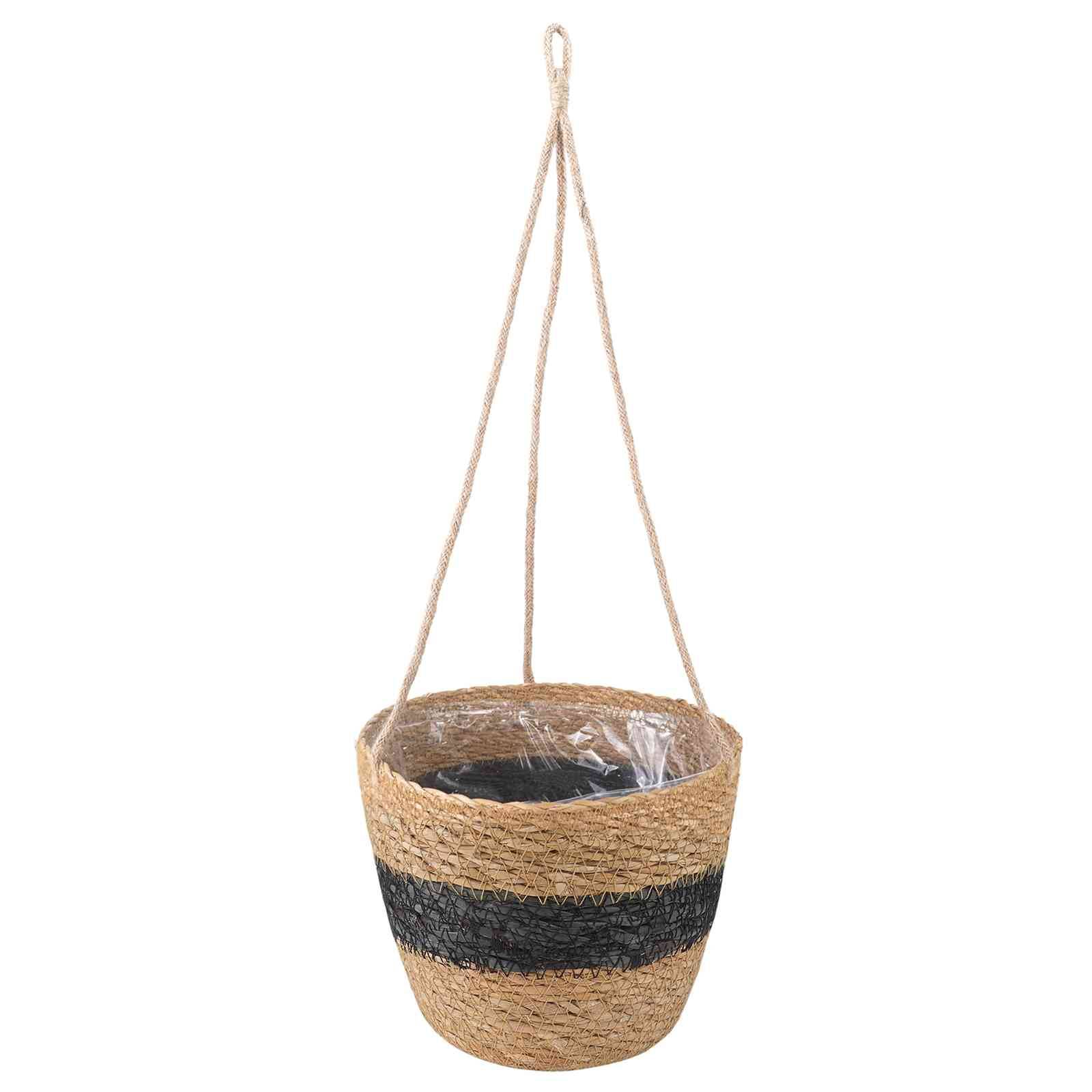 Paniers à plantes herbe de mer naturel et noir 26 x 26 x 19 cm, Poids:0.91kg - PANGIVO - Image 3