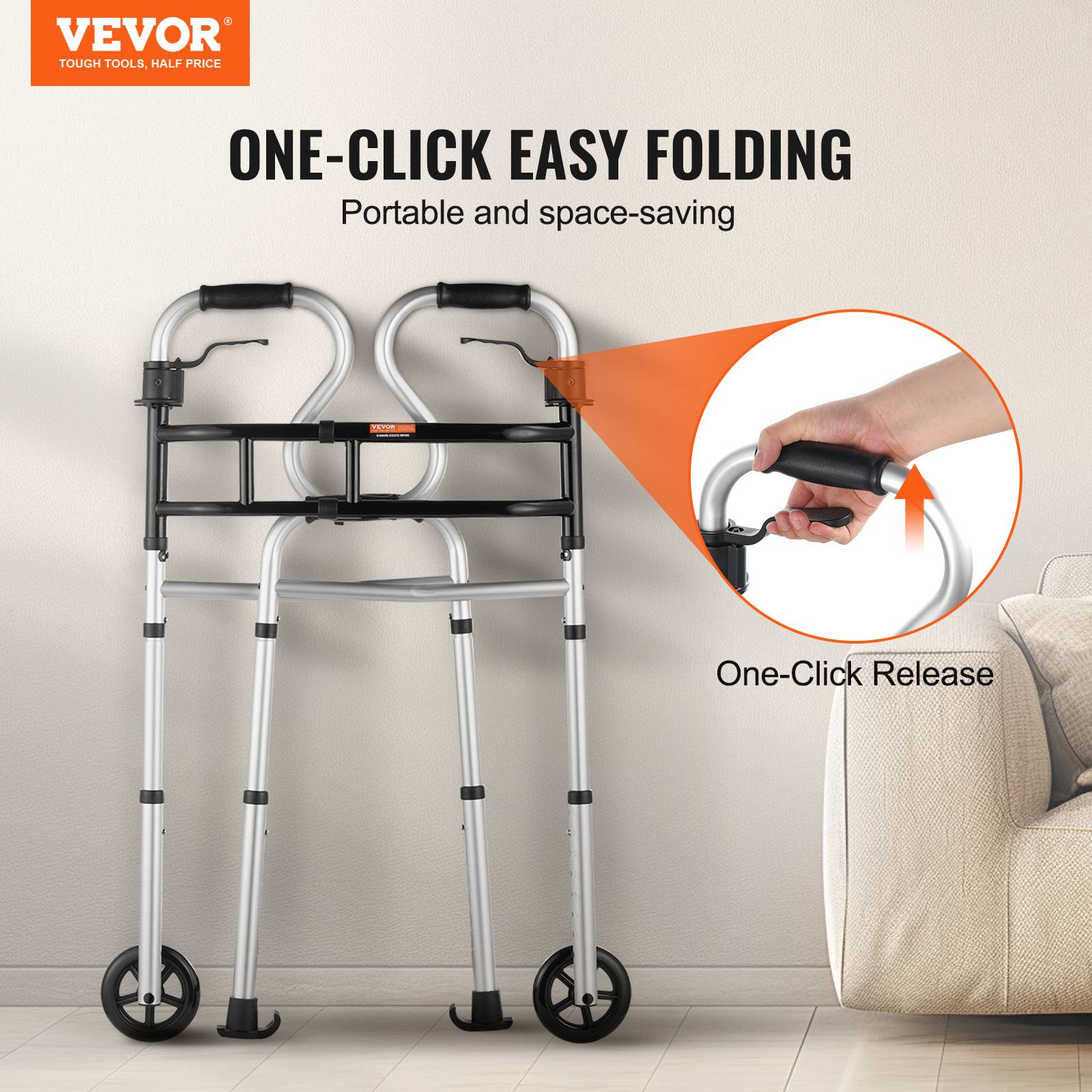 VEVOR Déambulateur pliable 3 en 1 aluminium avec hauteur et largeur réglables - Image 2