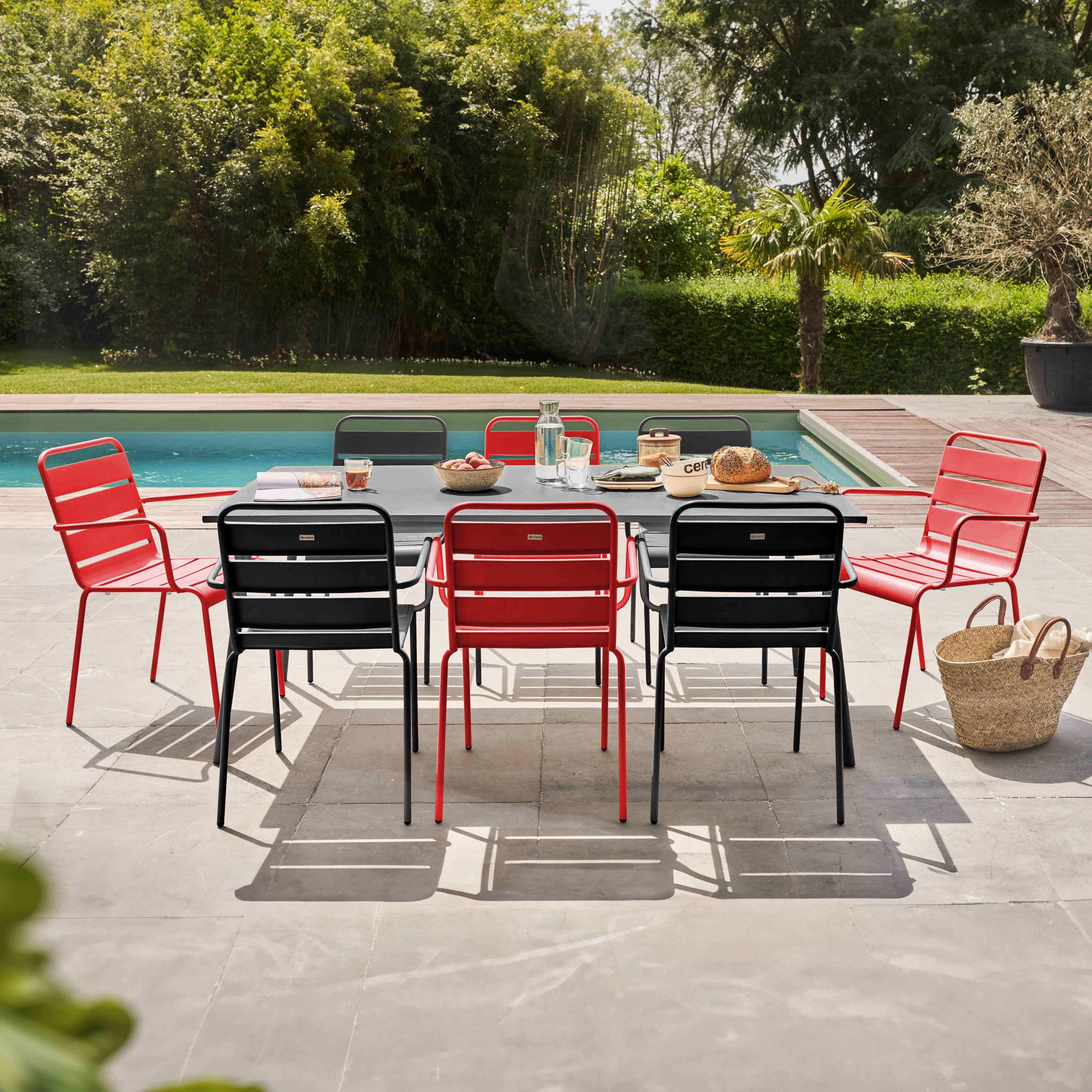 Oviala - Ensemble table de jardin et 8 fauteuils en métal rouge et gris Palavas - Oviala - Imagen 2