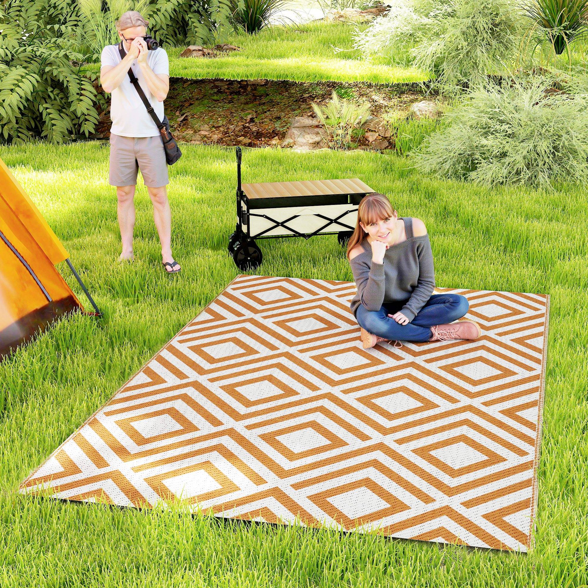 Tapis d'extérieur réversible Polypropylène Terrasse jardin Motif géométrique 182x274cm Marron - ComfortXL Outdoor Living - Image 1