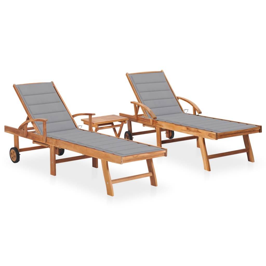 Helloshop26 - Lot de 2 transats chaise longue bain de soleil lit de jardin terrasse meuble d'extérieur avec table et coussin bois de teck solide - Imagen 1