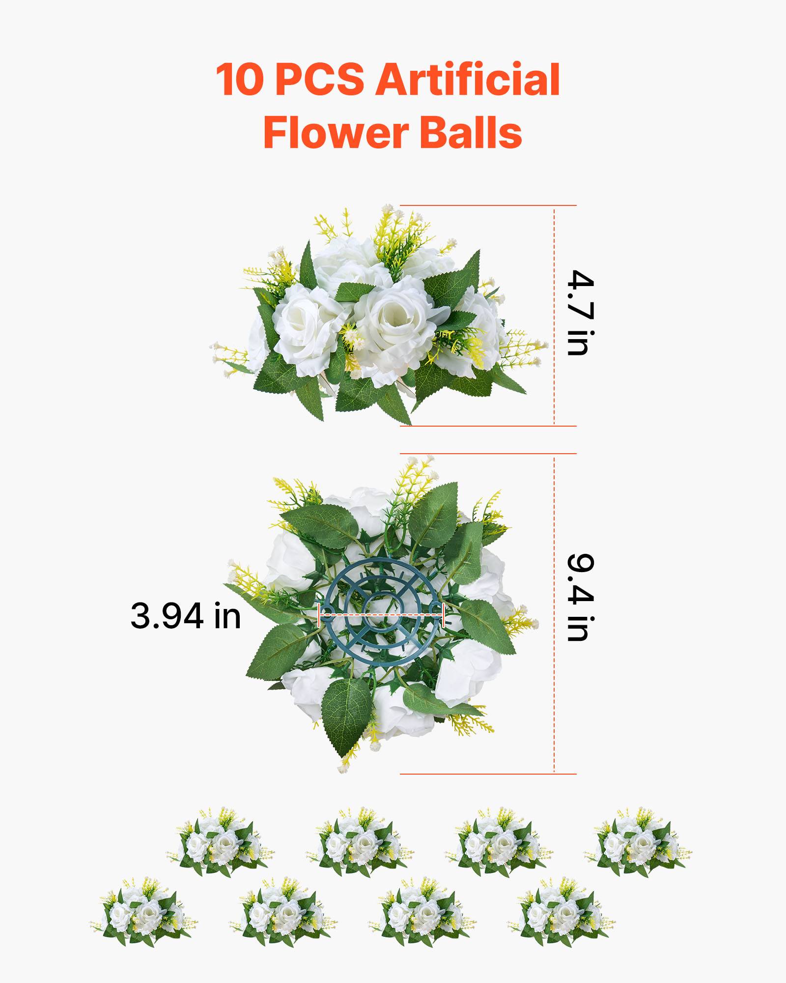 VEVOR Boules de Fleurs Artificielles Centre de Table 10 PCS 24 cm Roses Blanches - Image 3