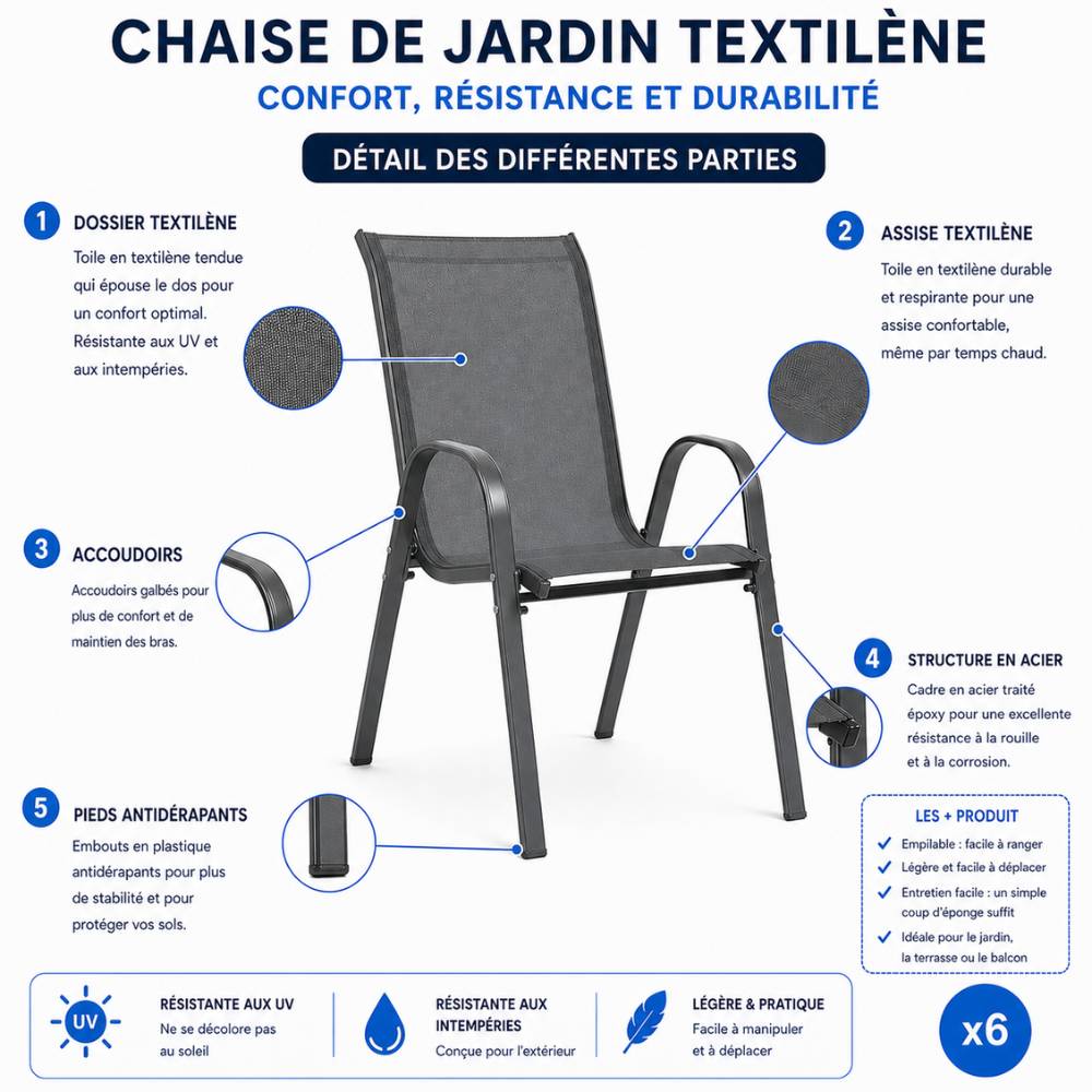 Chaises de jardin empilables textilène x6 Unité Anthracite - Image 2