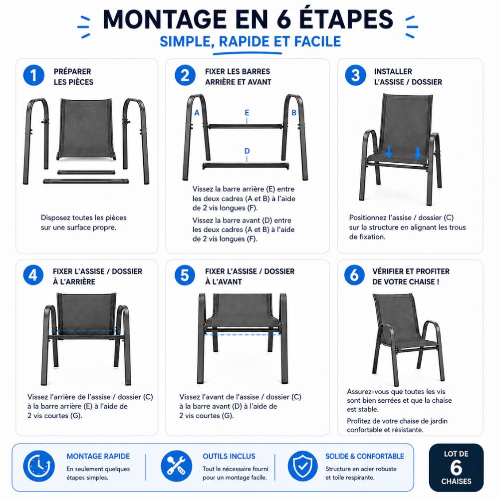 Chaises de jardin empilables textilène x6 Unité Anthracite - Image 8