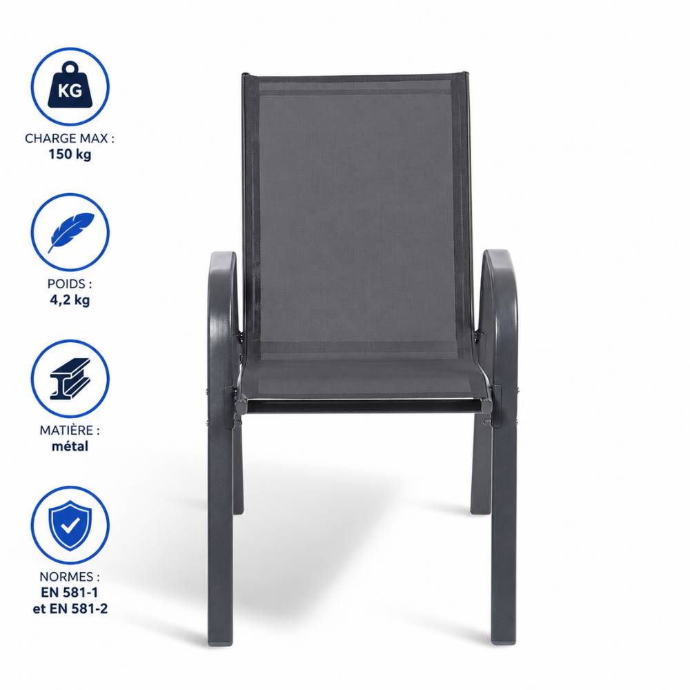 Chaises de jardin empilables textilène x6 Unité Anthracite - Image 5