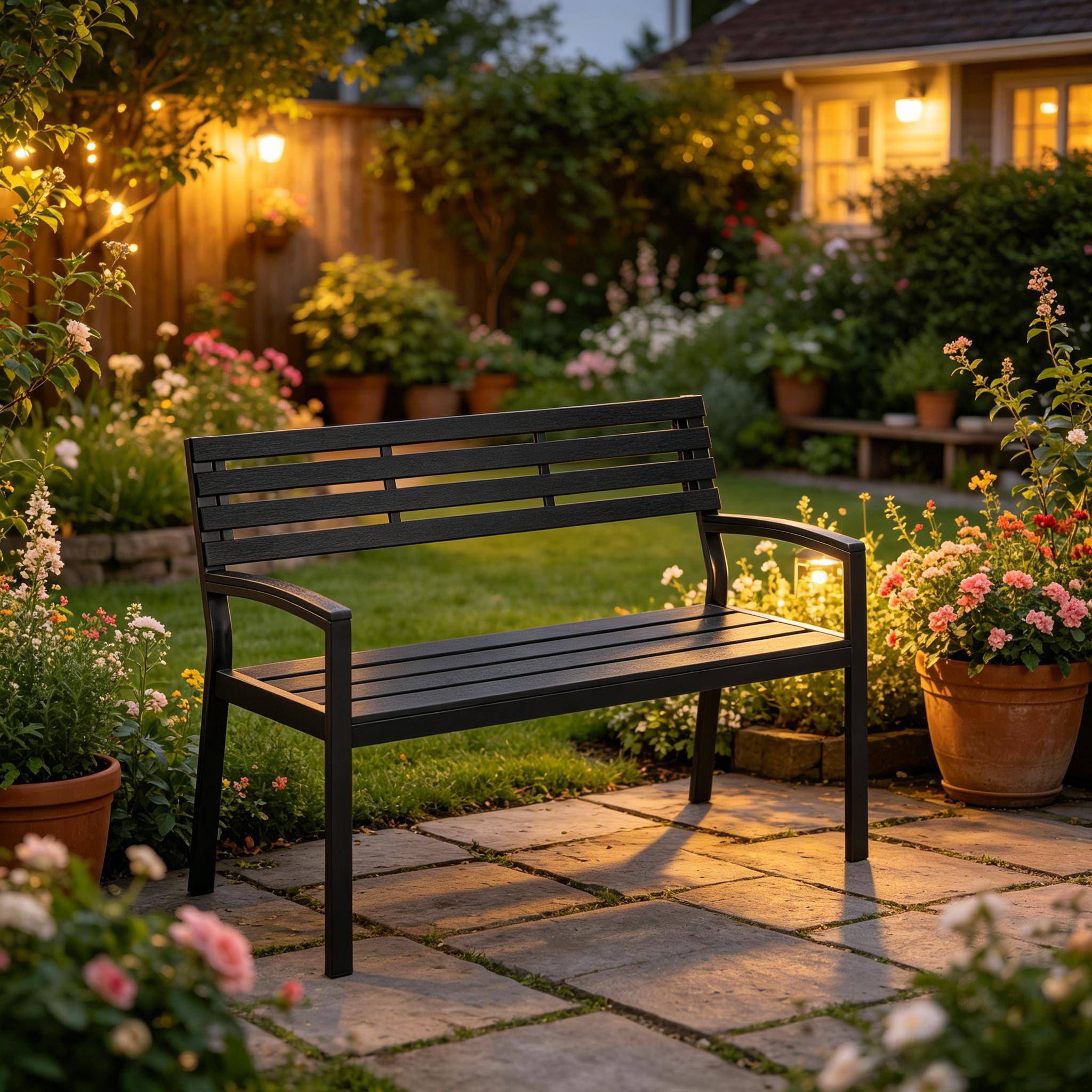 Banc de jardin extérieur métal et lattes aspect bois résistant 115x55x85cm noir - ComfortXL Outdoor Living - Image 7