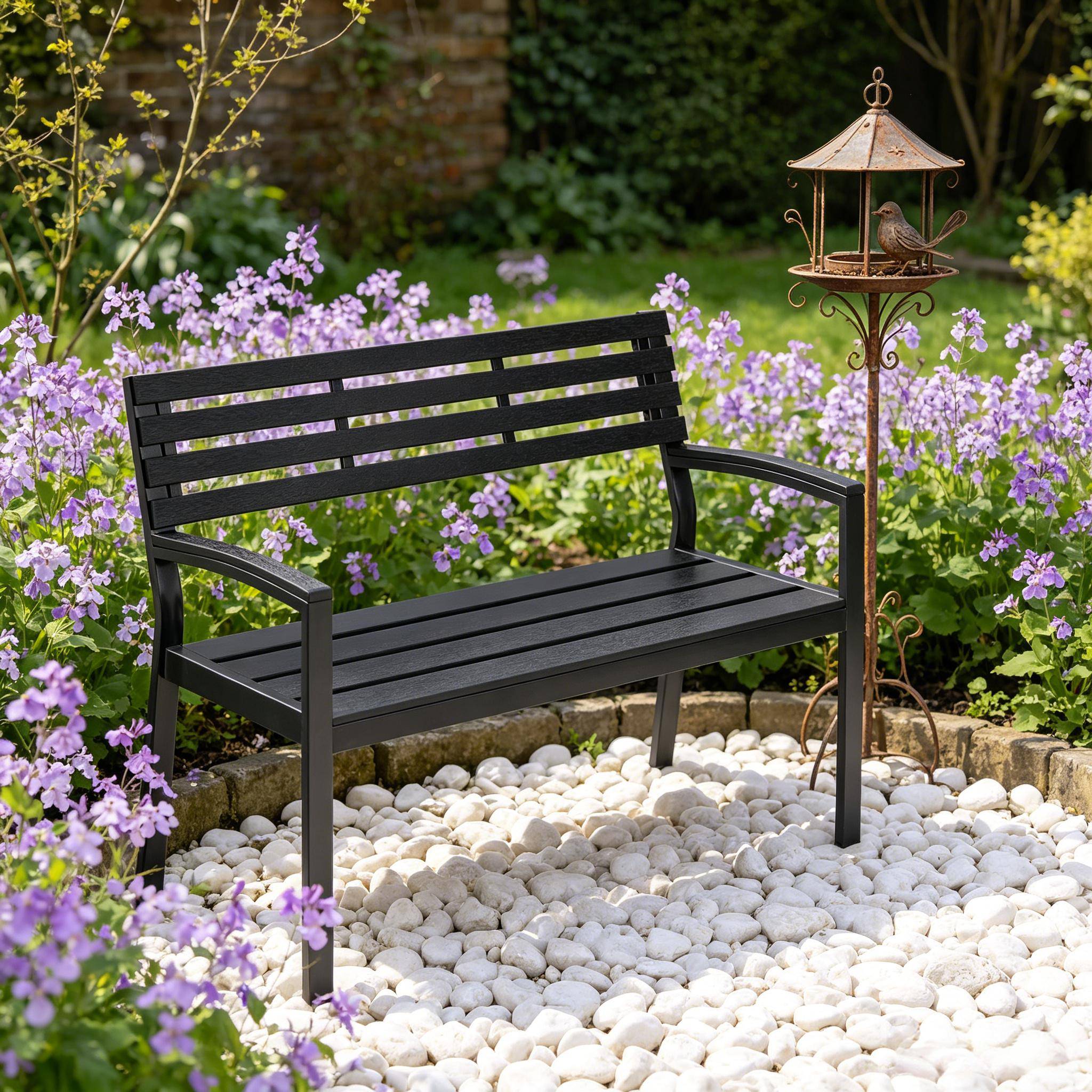 Banc de jardin extérieur métal et lattes aspect bois résistant 115x55x85cm noir - ComfortXL Outdoor Living - Image 2