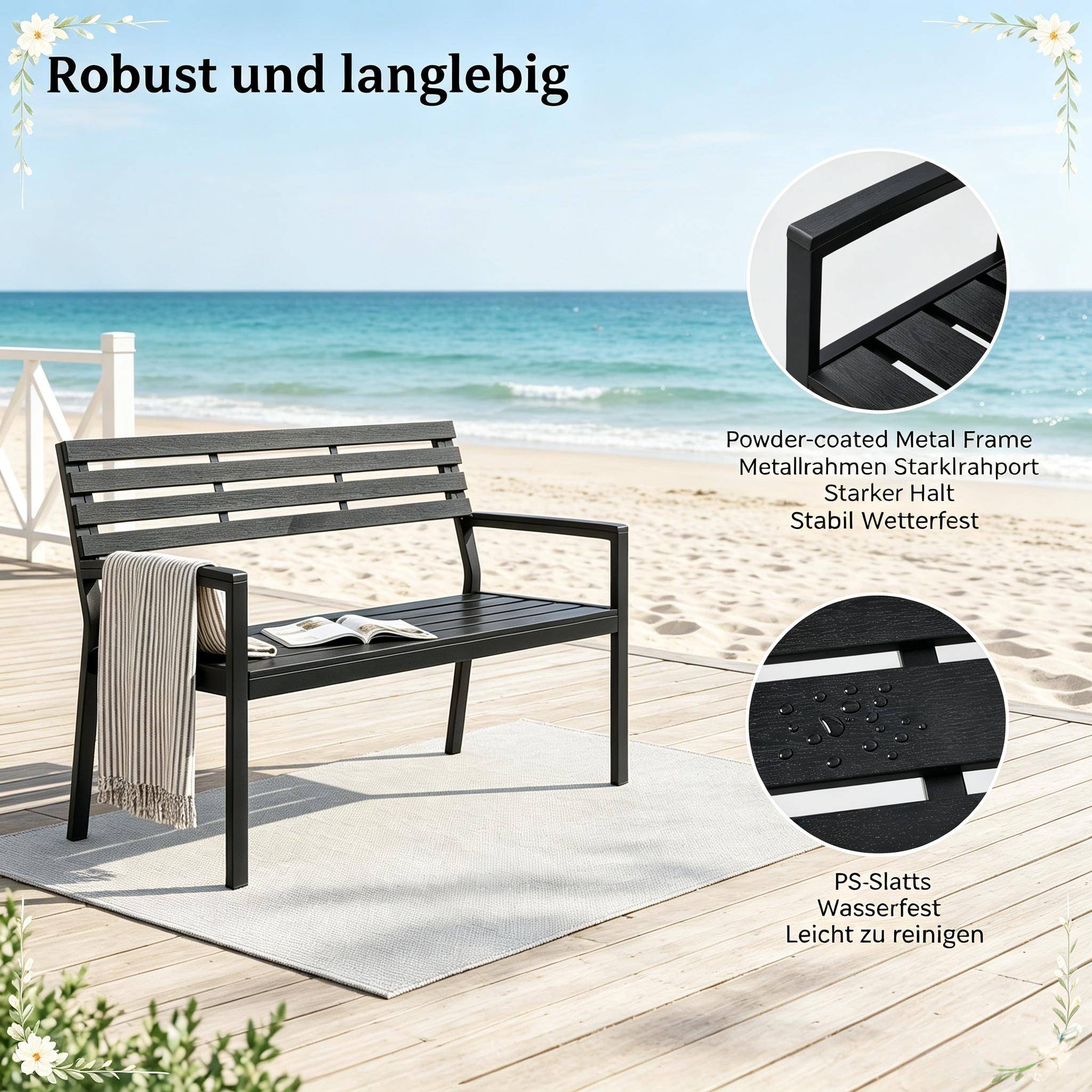 Banc de jardin extérieur métal et lattes aspect bois résistant 115x55x85cm noir - ComfortXL Outdoor Living - Image 3
