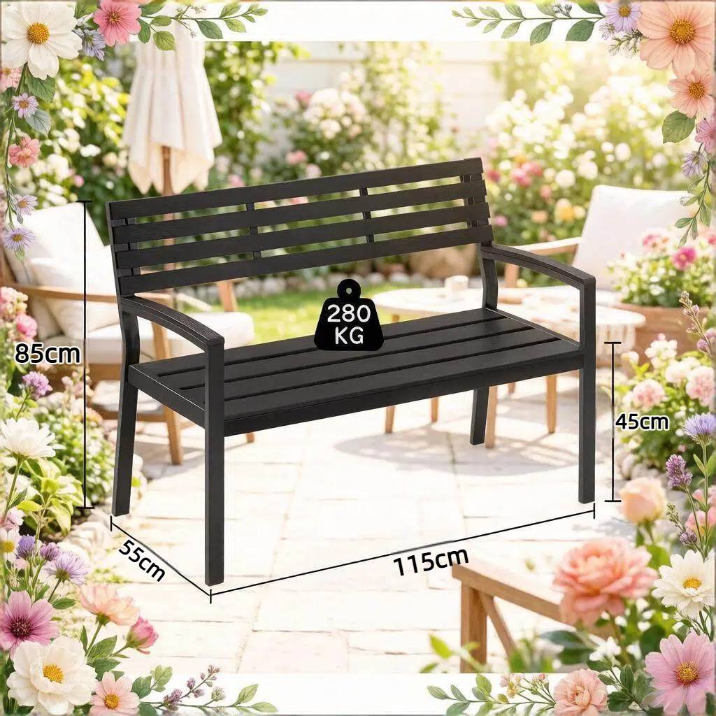 Banc de jardin extérieur métal et lattes aspect bois résistant 115x55x85cm noir - ComfortXL Outdoor Living - Image 8
