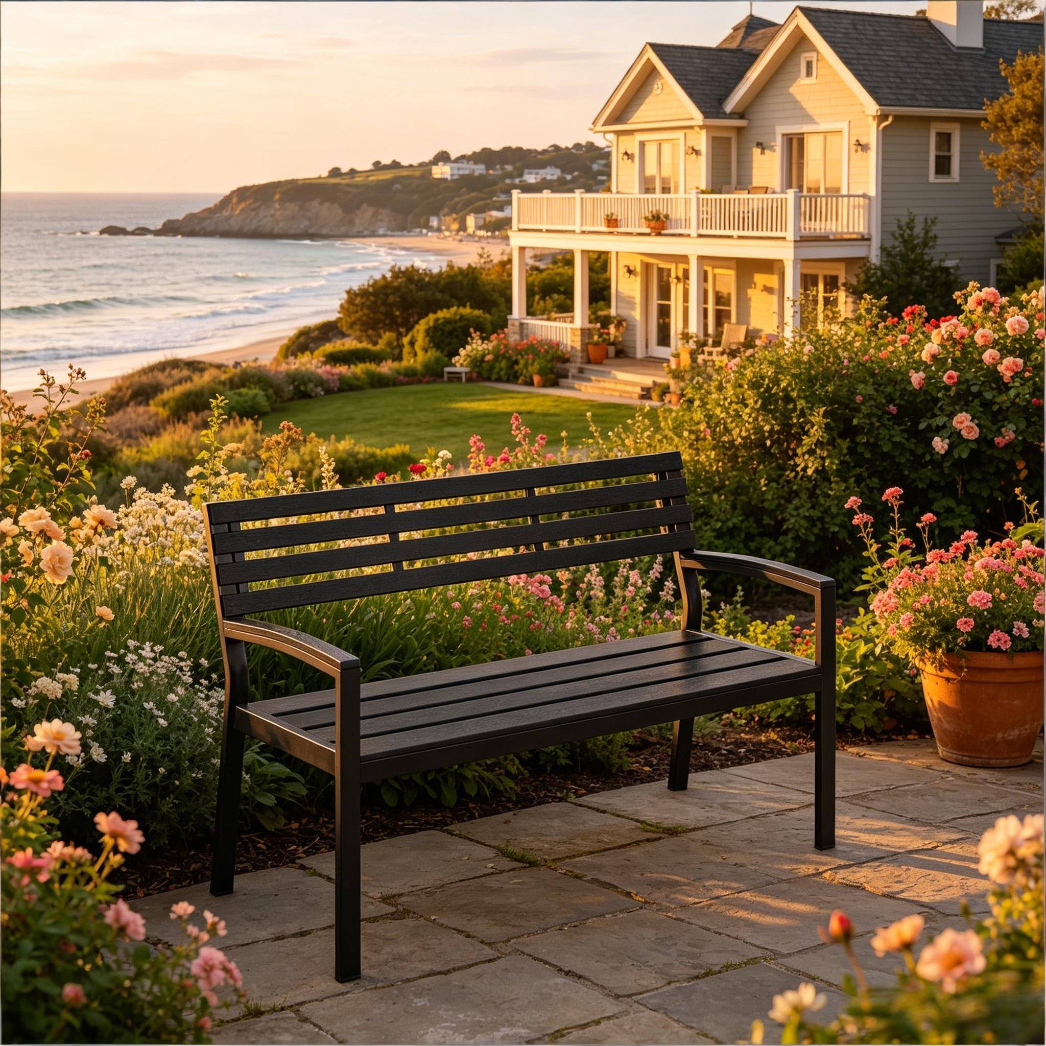 Banc de jardin extérieur métal et lattes aspect bois résistant 115x55x85cm noir - ComfortXL Outdoor Living - Image 1