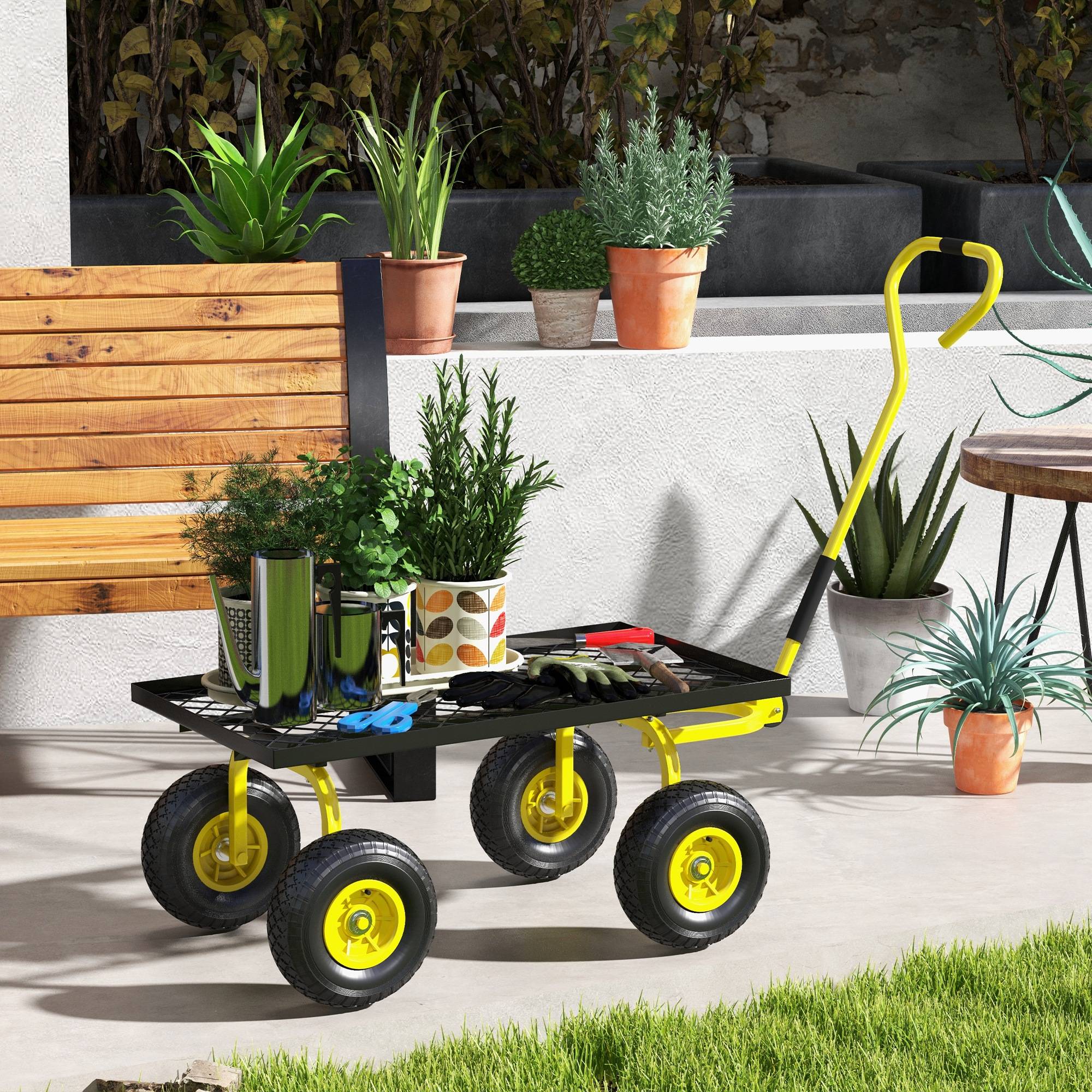 Chariot de jardin en acier pour travaux lourds avec roues gonflables 94x48x100cm jaune - ComfortXL Outdoor Living - Image 9
