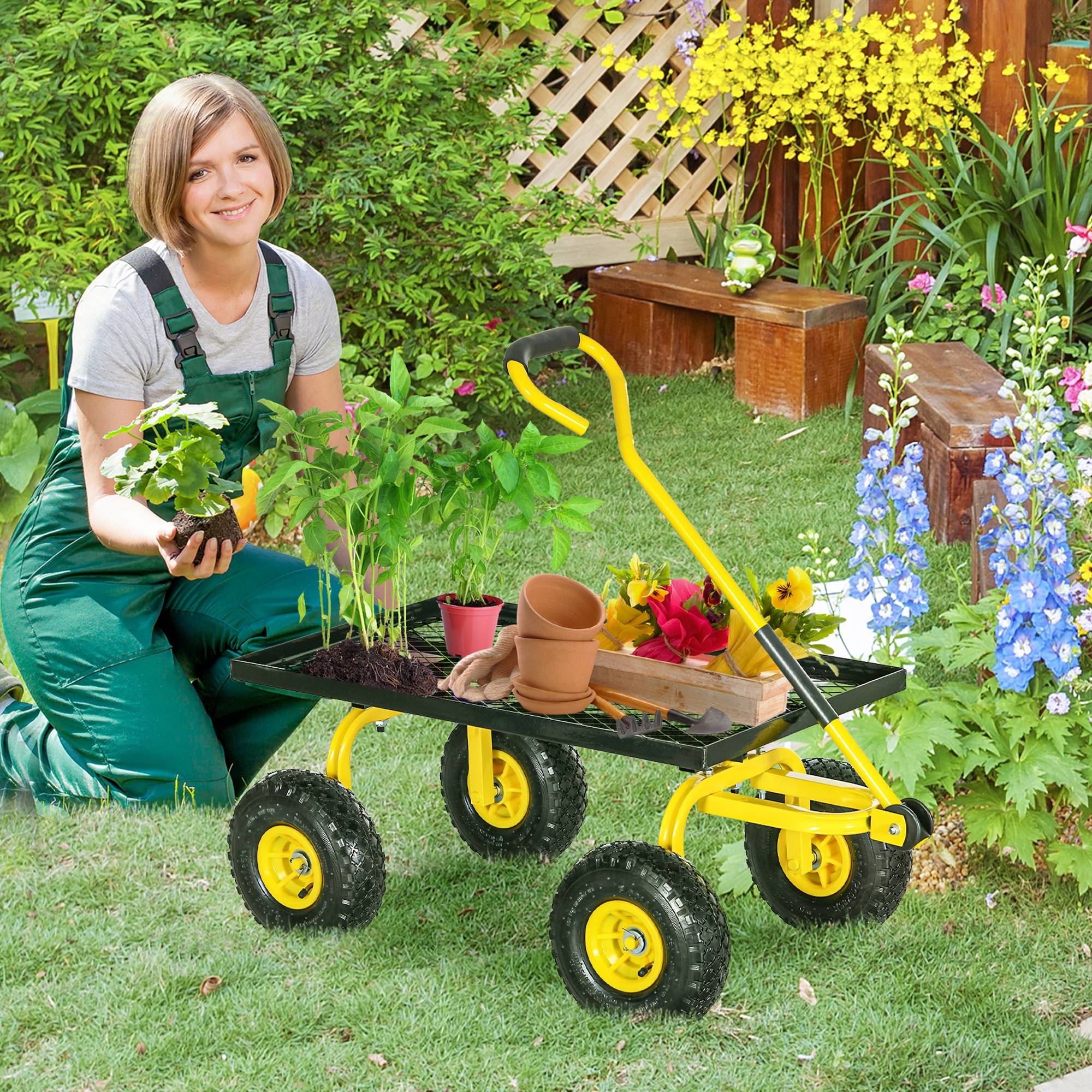 Chariot de jardin en acier pour travaux lourds avec roues gonflables 94x48x100cm jaune - ComfortXL Outdoor Living - Image 3
