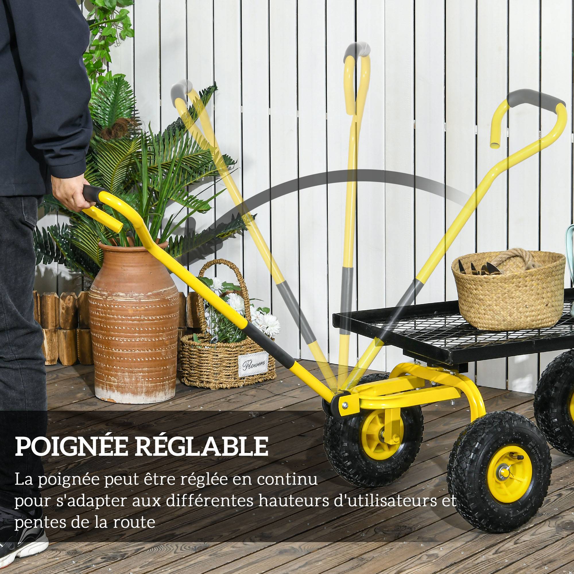 Chariot de jardin en acier pour travaux lourds avec roues gonflables 94x48x100cm jaune - ComfortXL Outdoor Living - Image 6