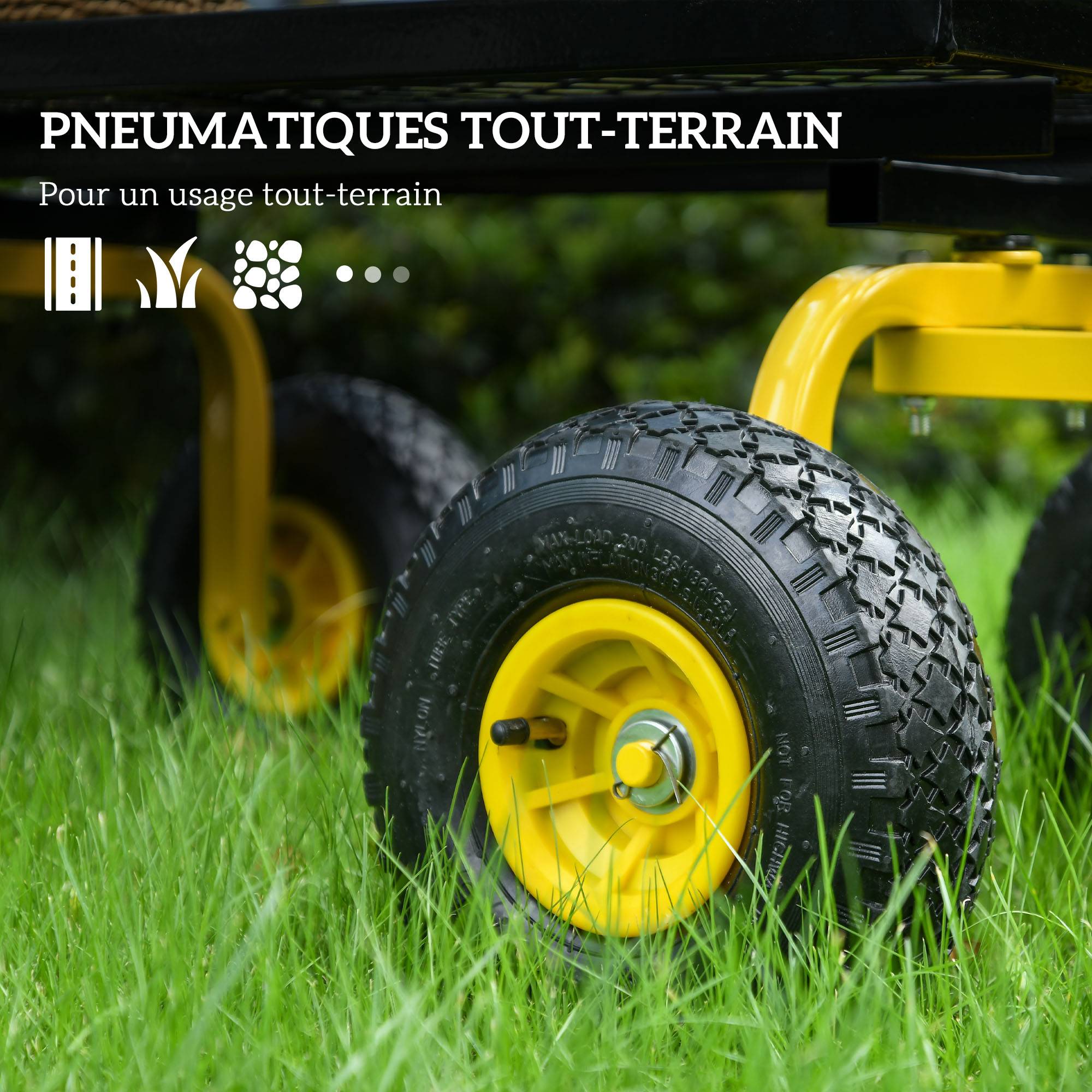Chariot de jardin en acier pour travaux lourds avec roues gonflables 94x48x100cm jaune - ComfortXL Outdoor Living - Image 7