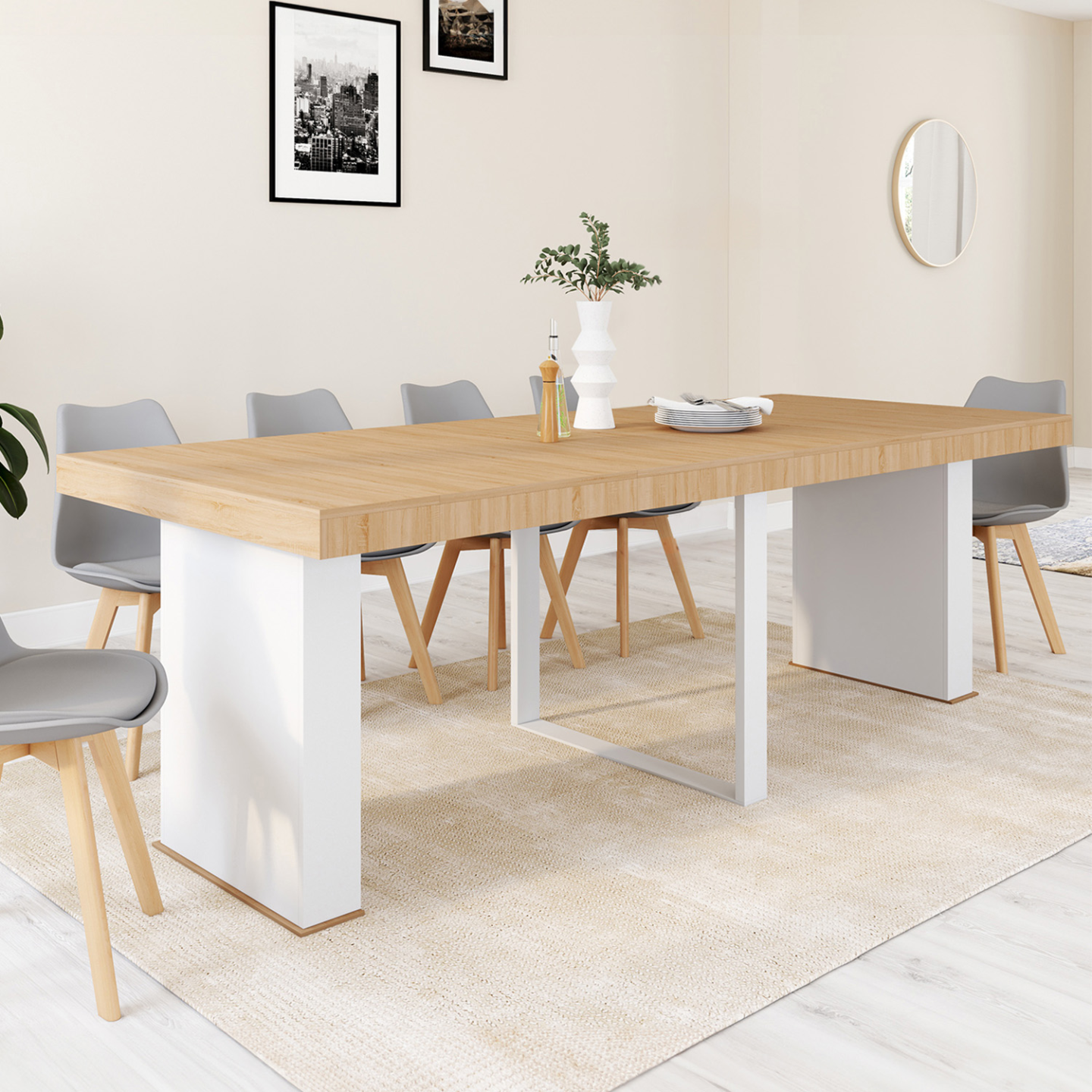 Table console extensible EDEN 10 personnes 235 cm bois et blanc - Image 1