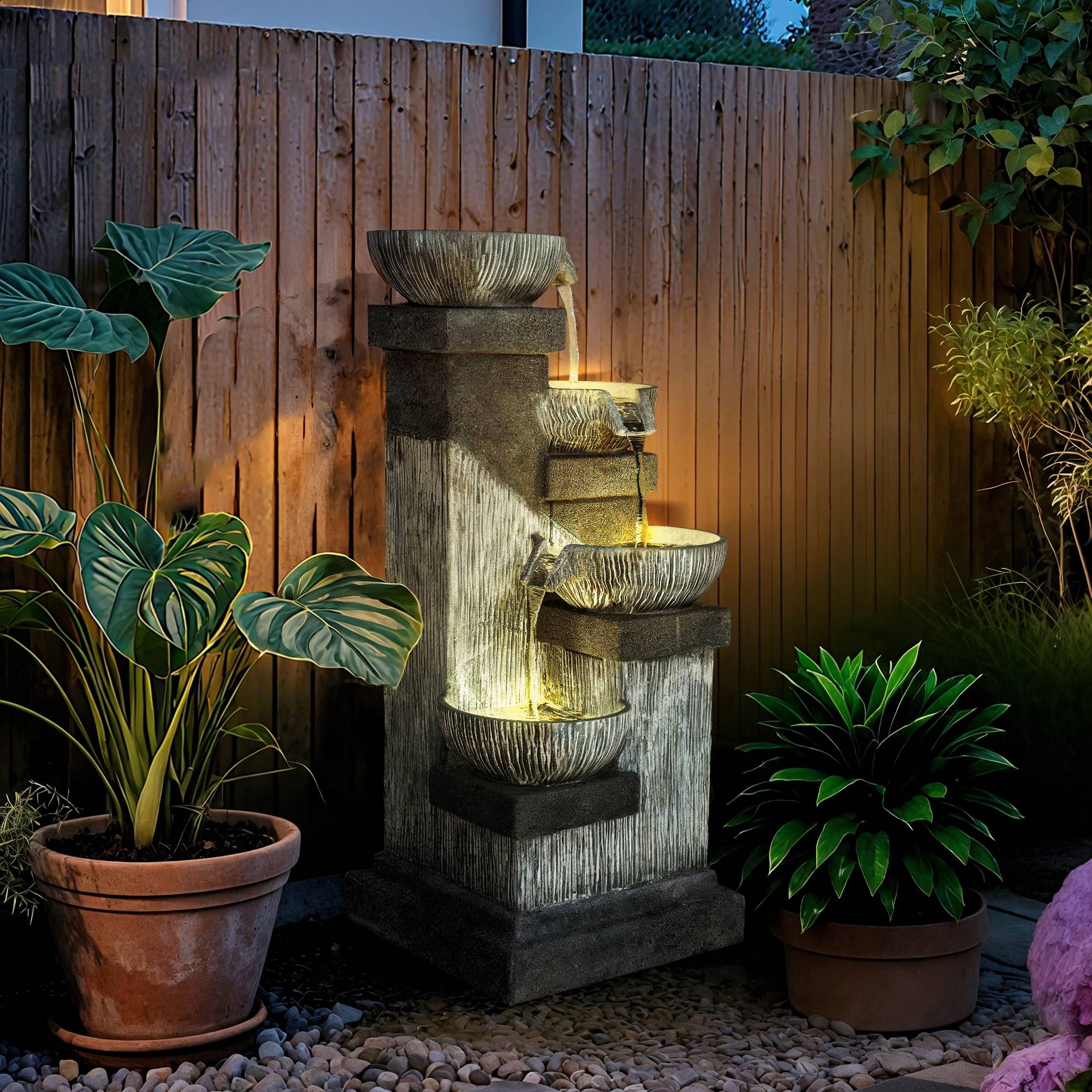 Fontaine de Jardin Cascade Fontaine d'eau 4 niveaux avec lumières LED, résine, 38 x 36 x 85 cm, gris - Image 4