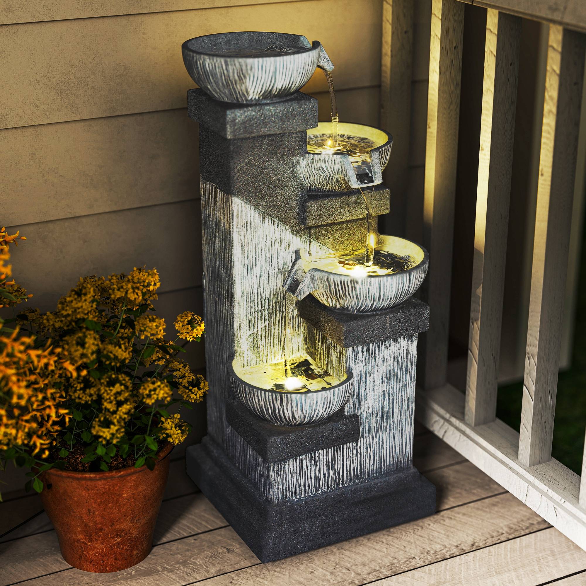 Fontaine de Jardin Cascade Fontaine d'eau 4 niveaux avec lumières LED, résine, 38 x 36 x 85 cm, gris - Image 1
