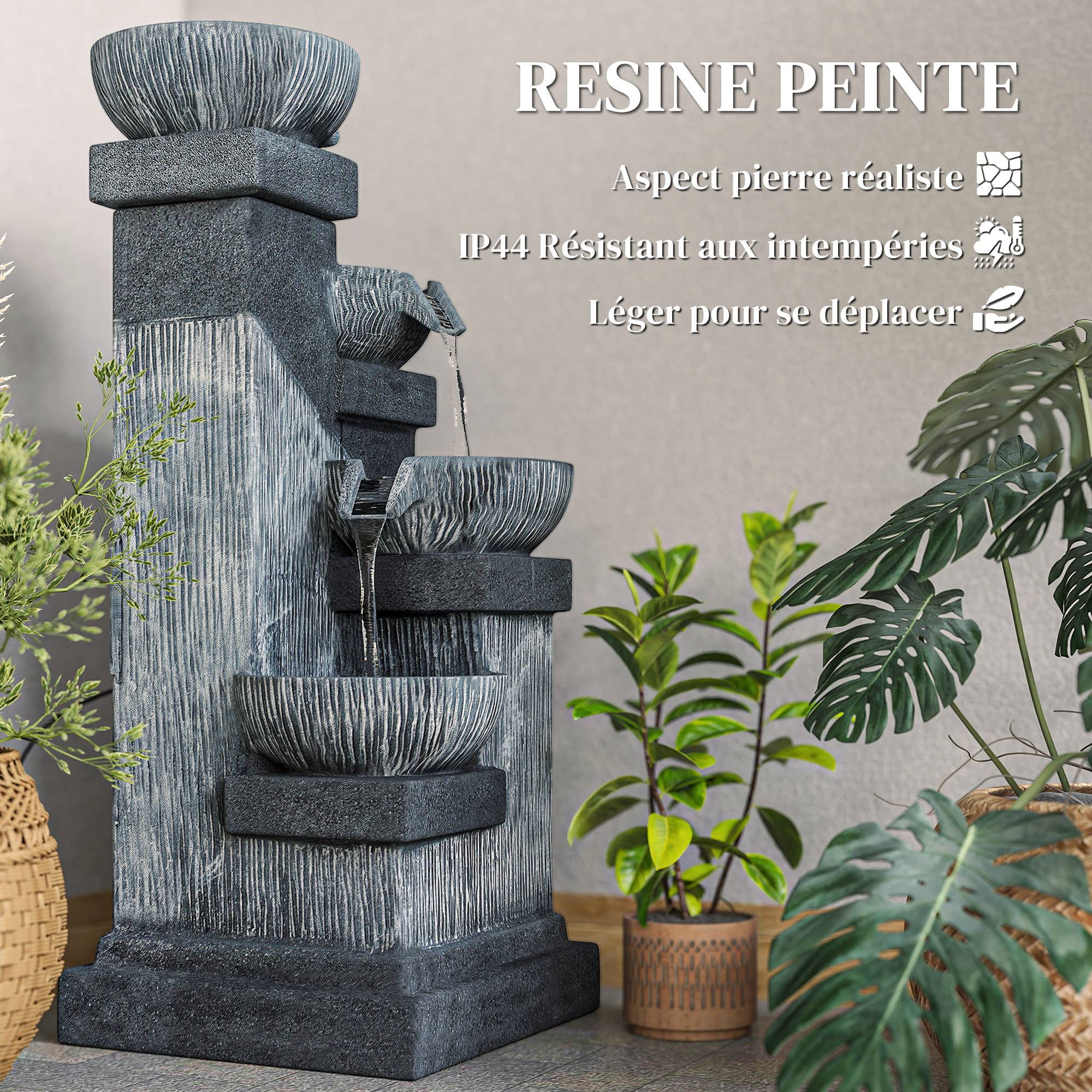 Fontaine de Jardin Cascade Fontaine d'eau 4 niveaux avec lumières LED, résine, 38 x 36 x 85 cm, gris - Image 8