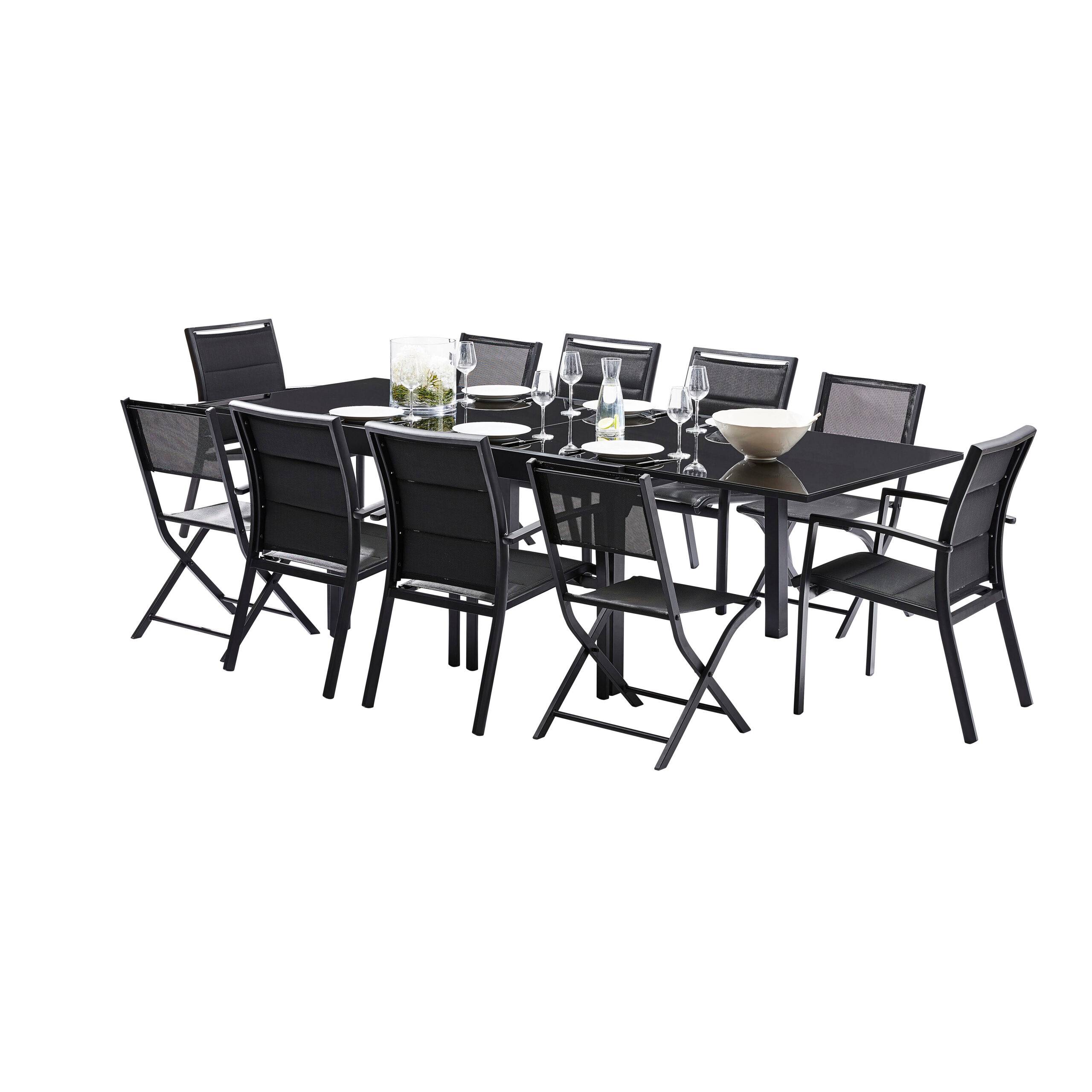 Wilsa Garden - Ensemble MODULO 6/10p en aluminium noir et verre noir et 6 fauteuils et 4 chaises pliantes en aluminium et textilène - Imagen 1