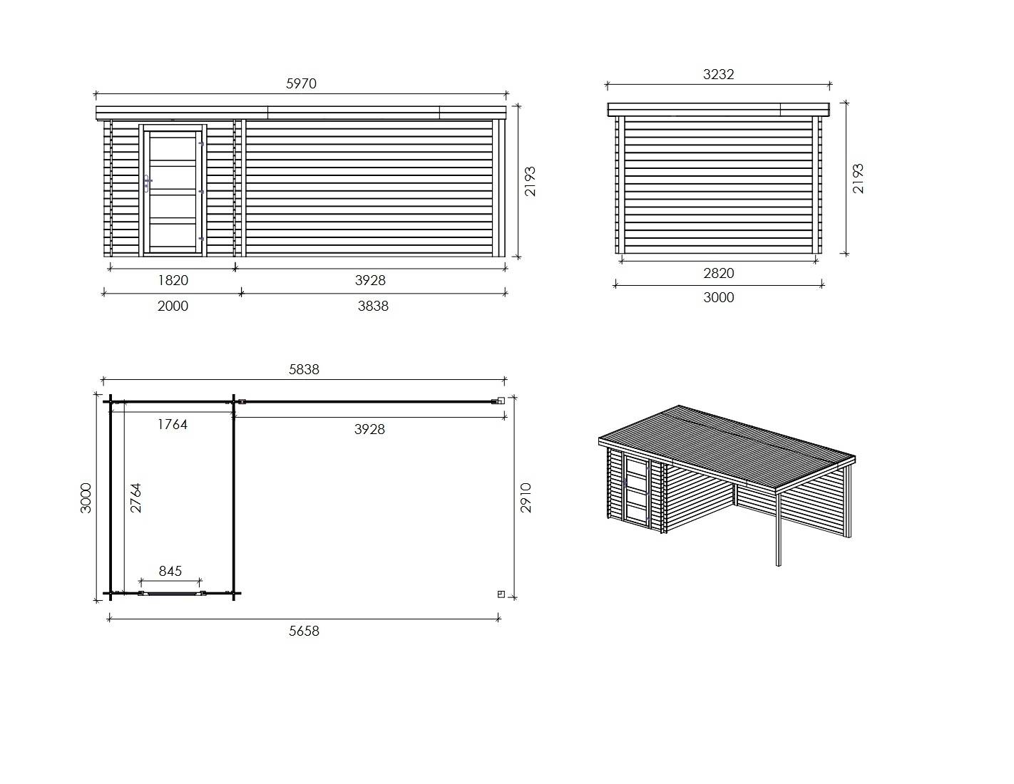 Altanka - Abri de jardin en bois - 6m2 - 5.84x3m - Traité - Ep. 28mm - Couleur: gris - DOM695 - Imagen 2