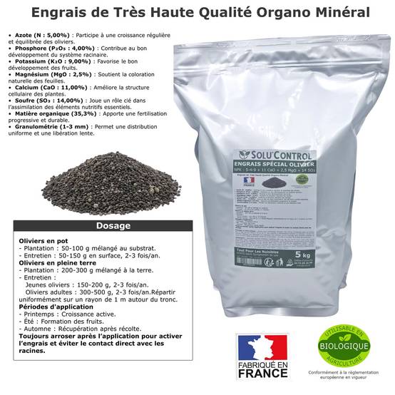 SOLU’CONTROL - ENGRAIS Spécial OLIVIER 5 kg - Formulation haute qualité Organo-Minerale - NPK 5-4-9 - Utilisable en Agriculture Biologique - Image 2
