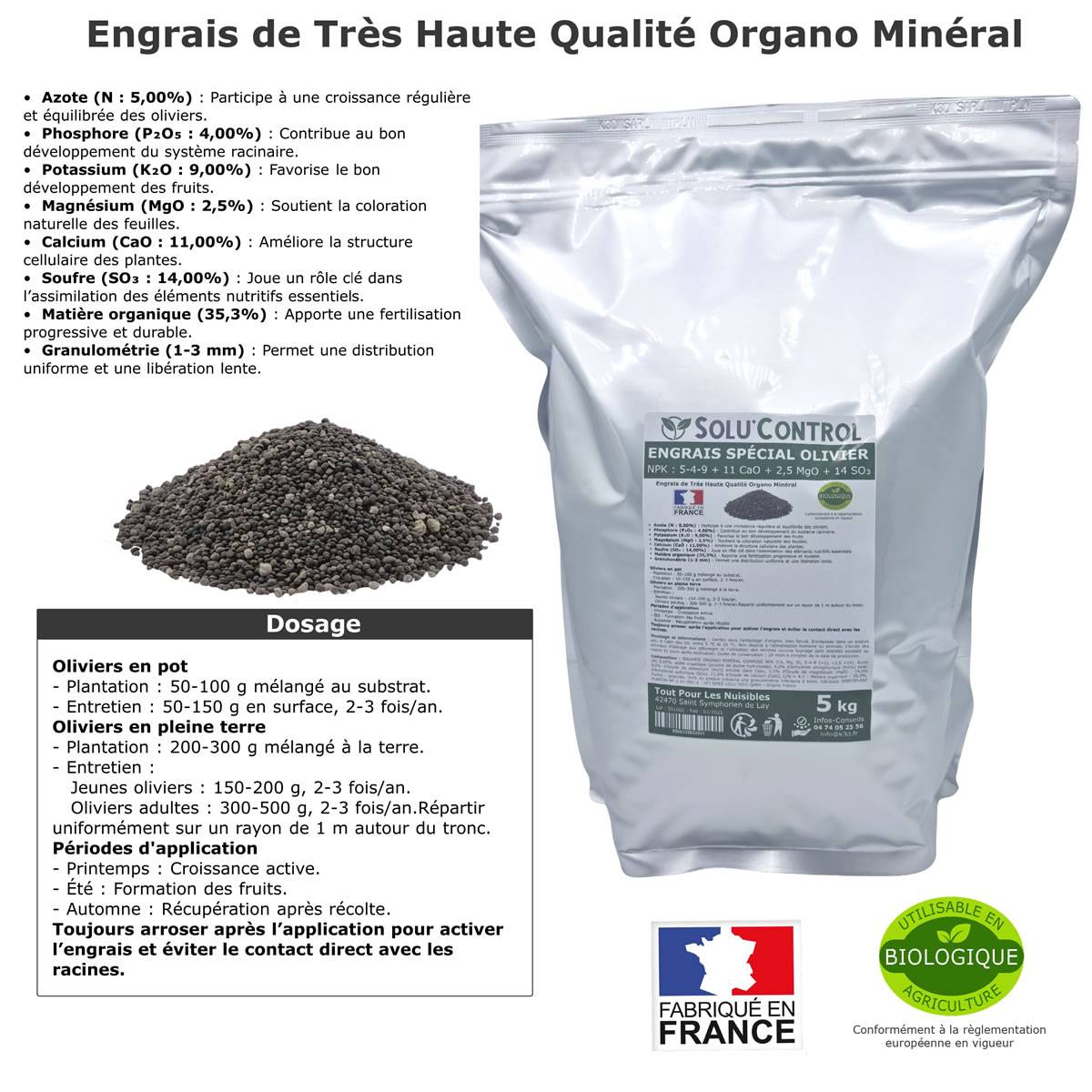 SOLU’CONTROL - ENGRAIS Spécial OLIVIER 5 kg - Formulation haute qualité Organo-Minerale - NPK 5-4-9 - Utilisable en Agriculture Biologique - Image 2