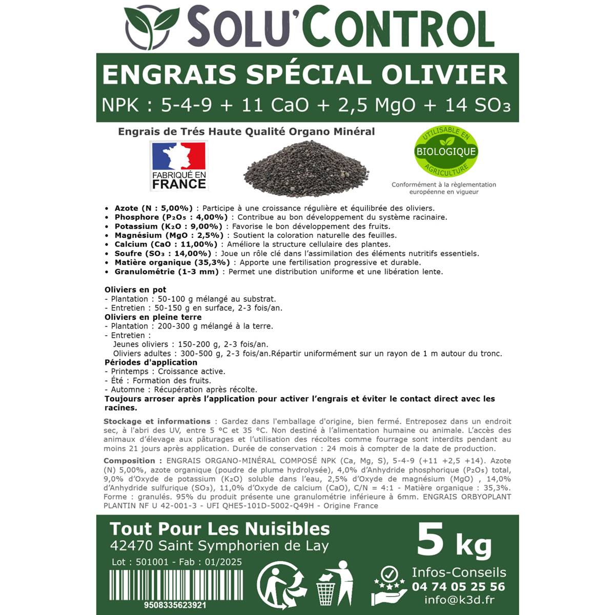 SOLU’CONTROL - ENGRAIS Spécial OLIVIER 5 kg - Formulation haute qualité Organo-Minerale - NPK 5-4-9 - Utilisable en Agriculture Biologique - Image 3